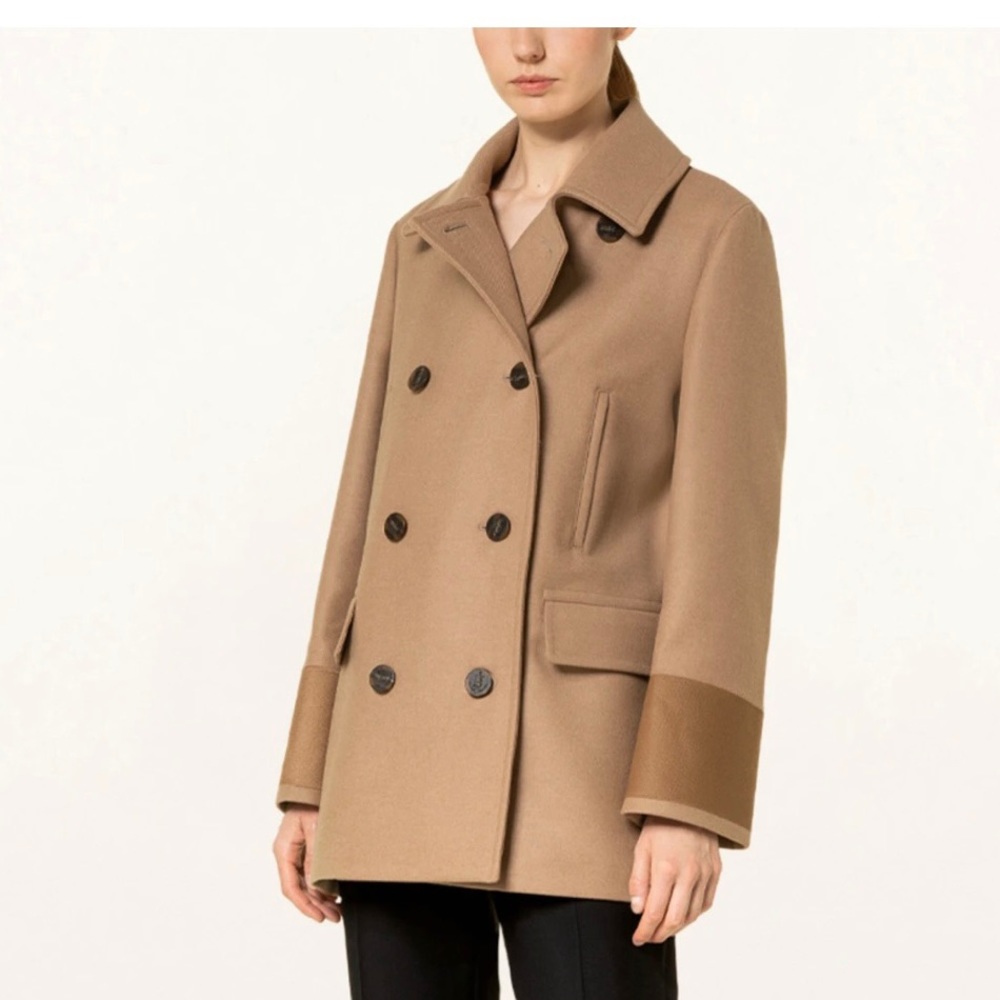 Burberry EMBROIDERED CUFF WOOL PEA COAT NWT, IN CAMEL, Size 10